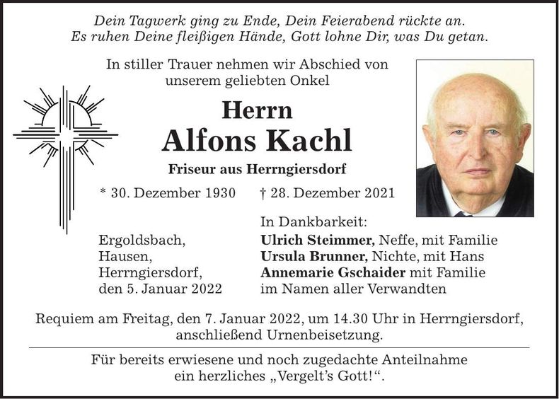 Traueranzeige Alfons Kachl