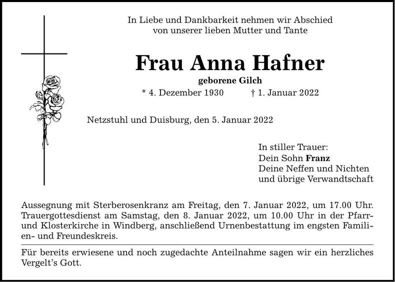 Traueranzeige Anna Hafner