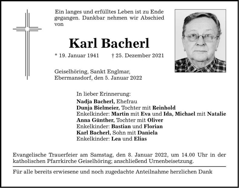 Traueranzeige Karl Bacherl
