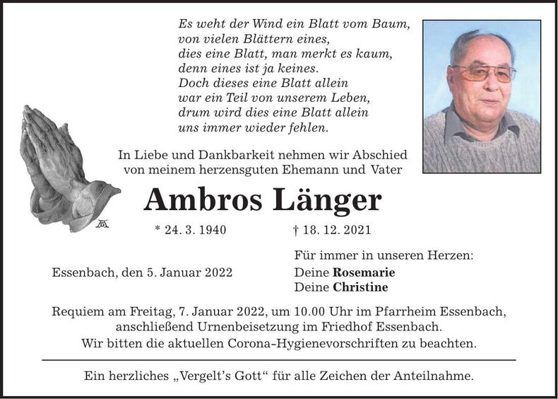 Traueranzeige Ambros Länger