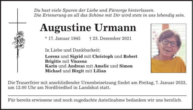 Traueranzeige Augusta Urmann