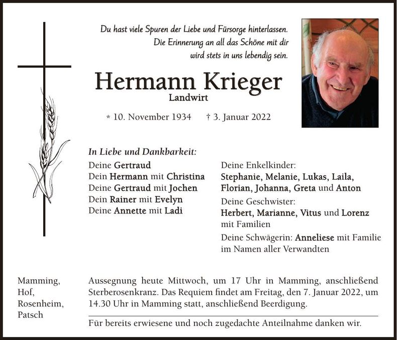 Traueranzeige Hermann Krieger
