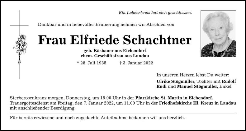 Traueranzeige Elfriede Schachtner
