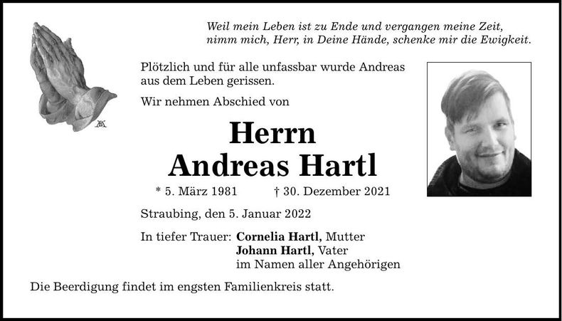 Traueranzeige Andreas Hartl