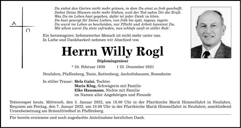 Traueranzeige Willy Rogl