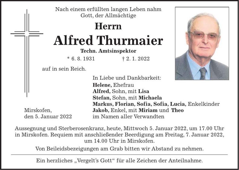 Traueranzeige Alfred Thurmaier
