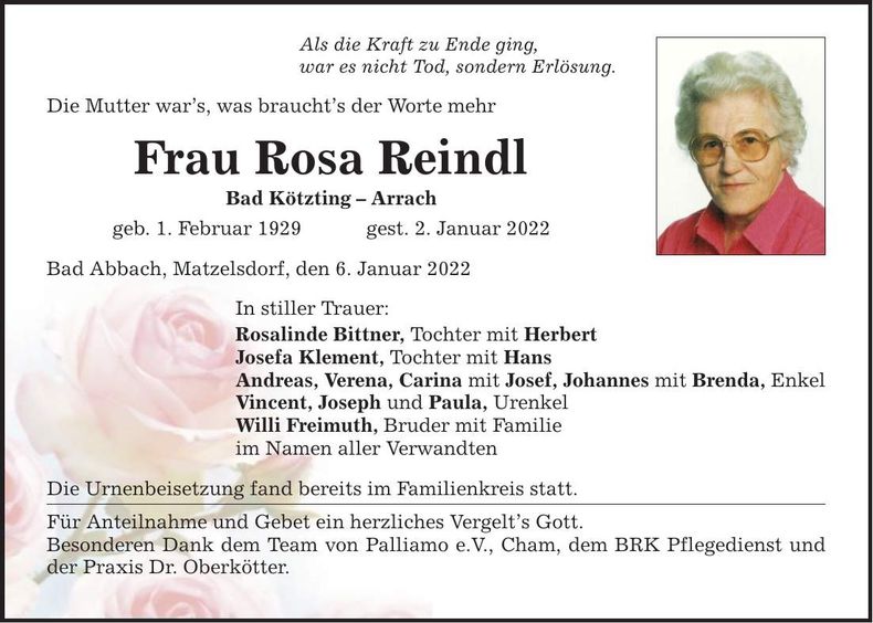 Traueranzeige Rosa Reindl