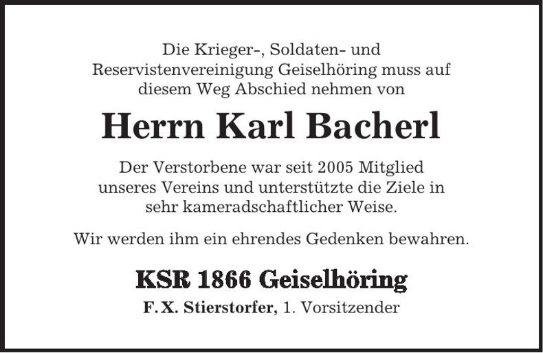 Traueranzeige Karl Bacherl