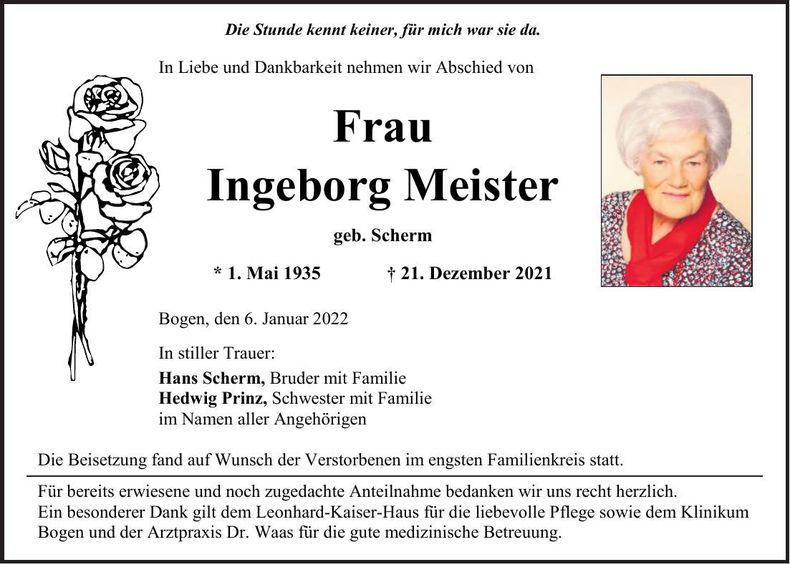 Traueranzeige Ingeborg Meister