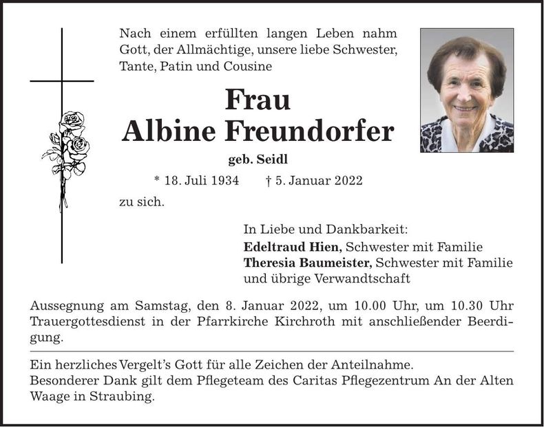 Traueranzeige Albine Freundorfer