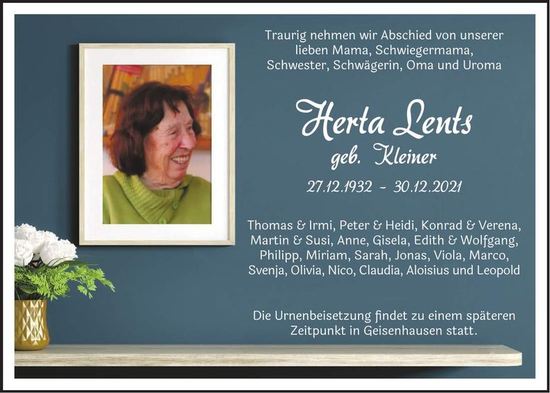 Traueranzeige Herta Lents