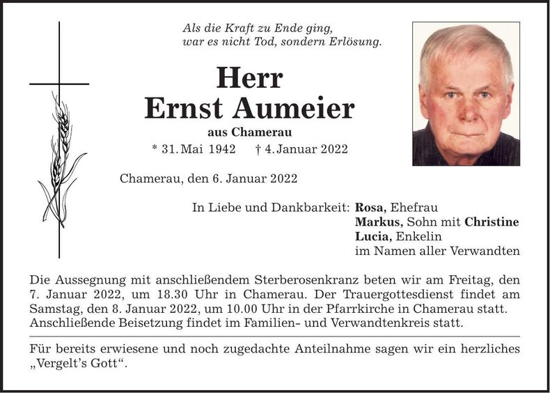 Traueranzeige Ernst Aumeier