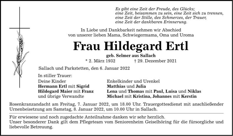 Traueranzeige Hildegard Ertl