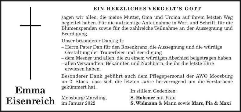 Traueranzeige Emma Eisenreich