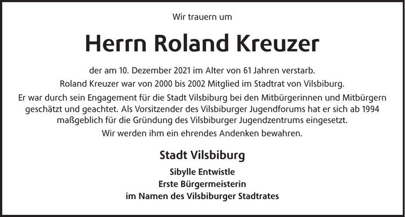 Traueranzeige Roland Kreuzer