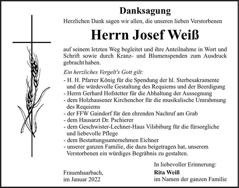 Traueranzeige Josef Weiß