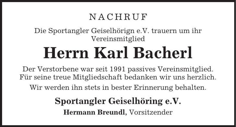 Traueranzeige Karl Bacherl