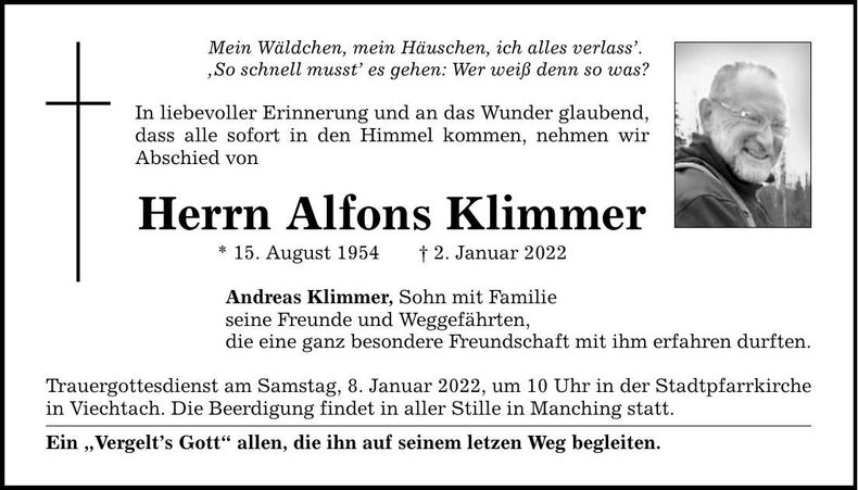 Traueranzeige Klimmer Alfons