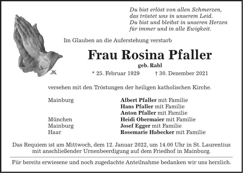 Traueranzeige Rosina Pfaller