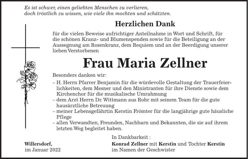 Traueranzeige Maria Zellner