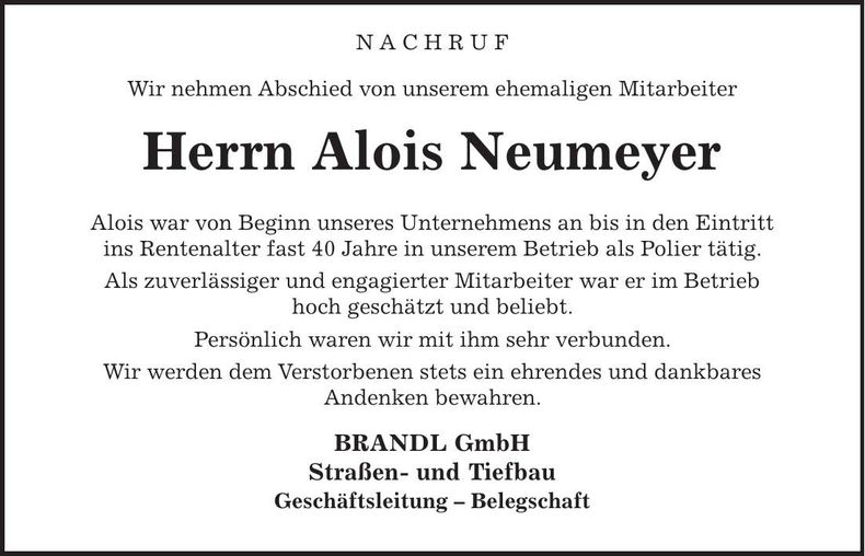 Traueranzeige Alois Neumeyer
