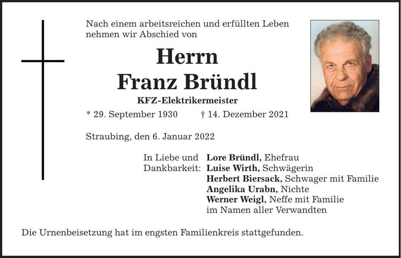 Traueranzeige Franz Bründl