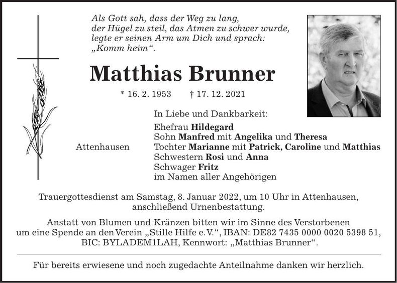 Traueranzeige Matthias Brunner