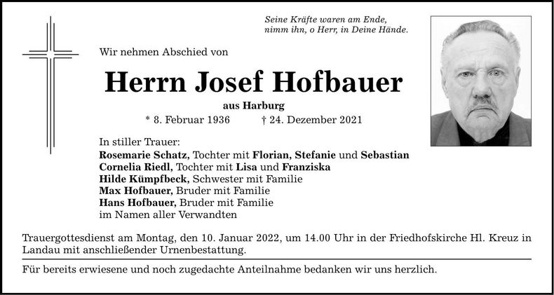 Traueranzeige Josef Hofbauer