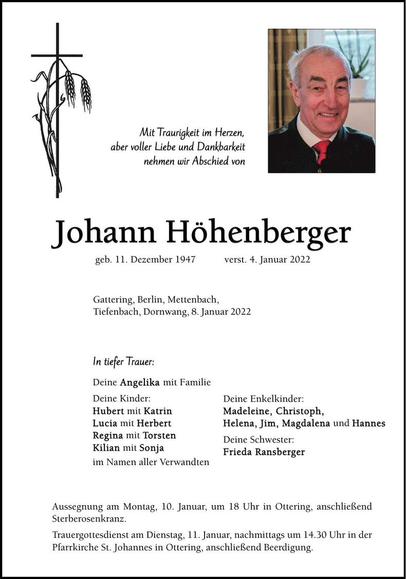 Traueranzeige Johann Höhenberger