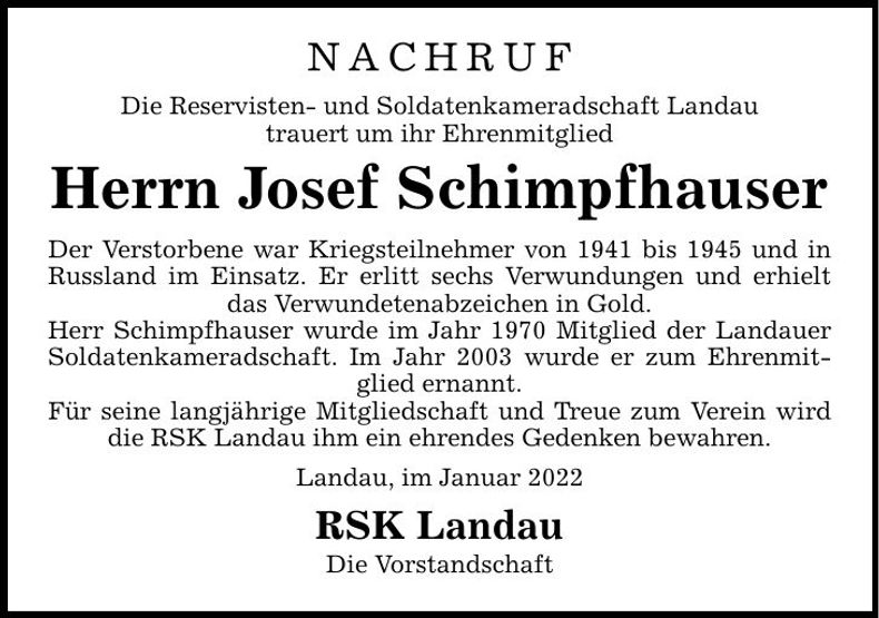 Traueranzeige Josef Schimpfhauser