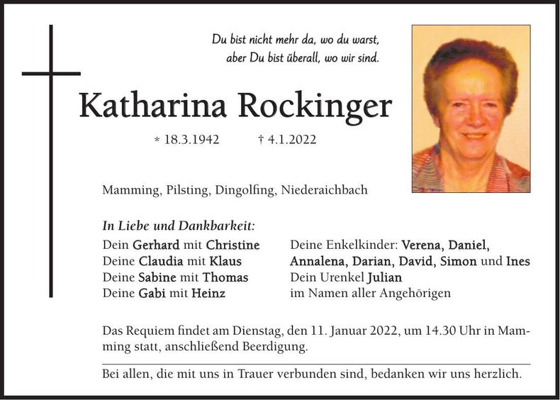 Traueranzeige Katharina Rockinger