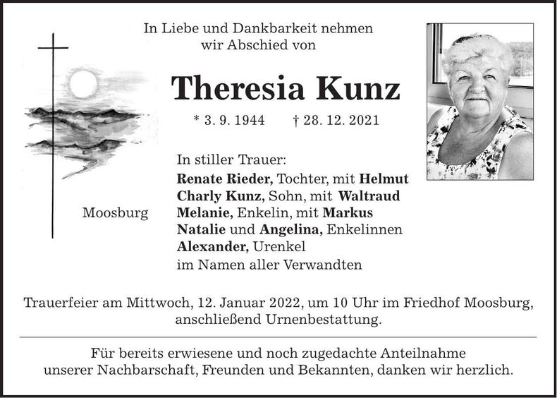 Traueranzeige Theresia Kunz