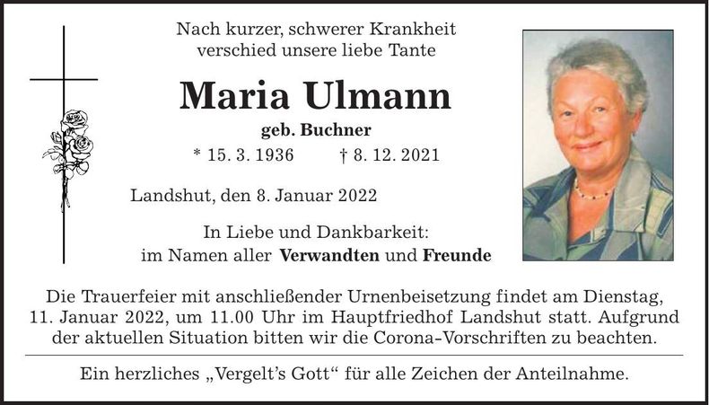 Traueranzeige Maria Ulmann