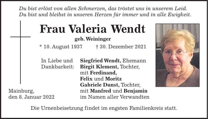 Traueranzeige Valeria Wendt