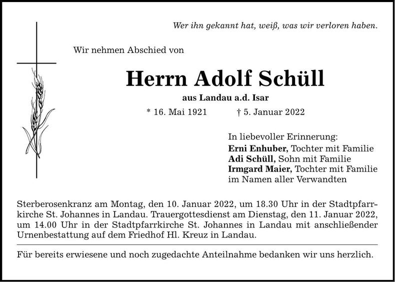 Traueranzeige Adolf Schüll
