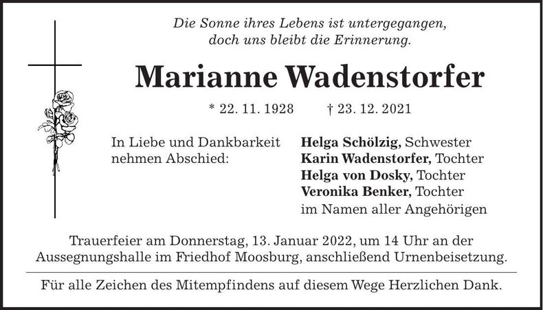 Traueranzeige Marianne Wadenstorfer