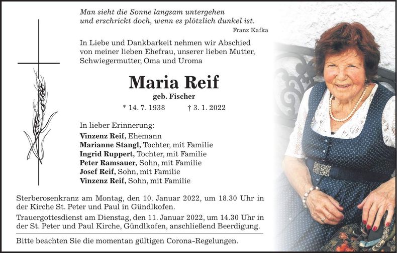 Traueranzeige Maria Reif