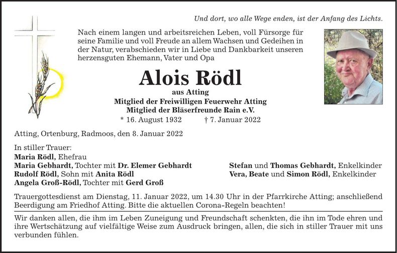 Traueranzeige Alois Rödl