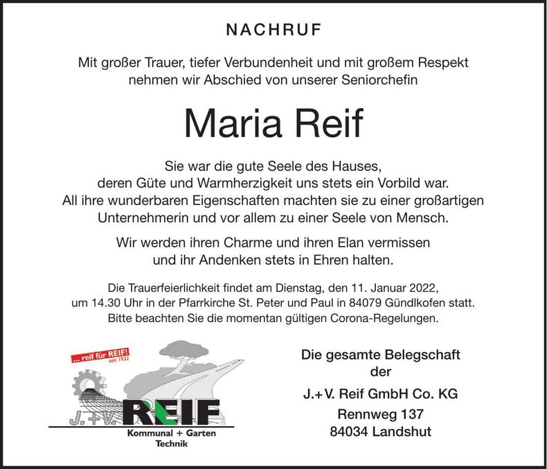 Traueranzeige Maria Reif