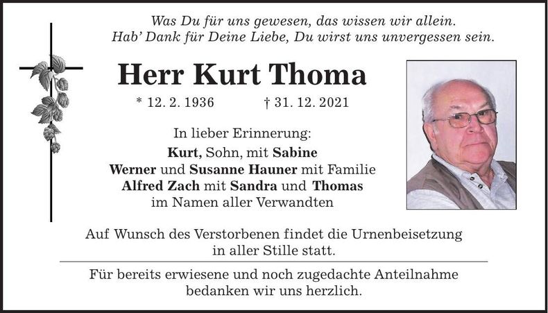 Traueranzeige Kurt Thoma