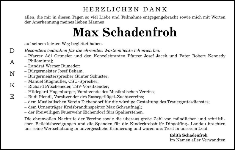 Traueranzeige Max Schadenfroh
