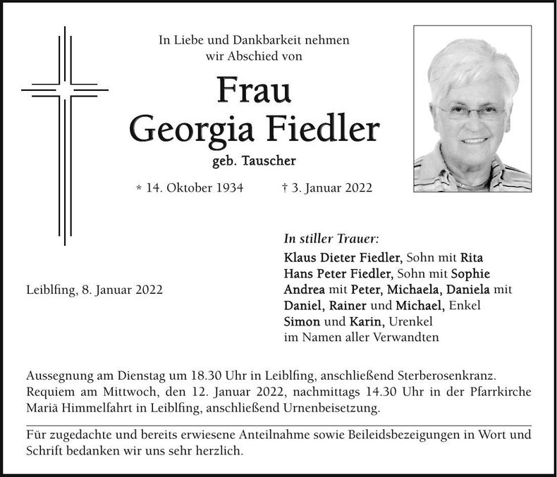 Traueranzeige Georgia Fiedler