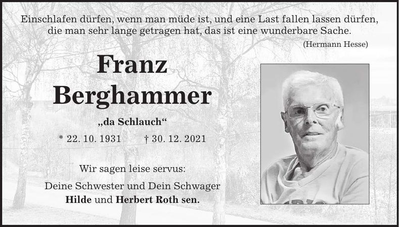 Traueranzeige Franz Berghammer
