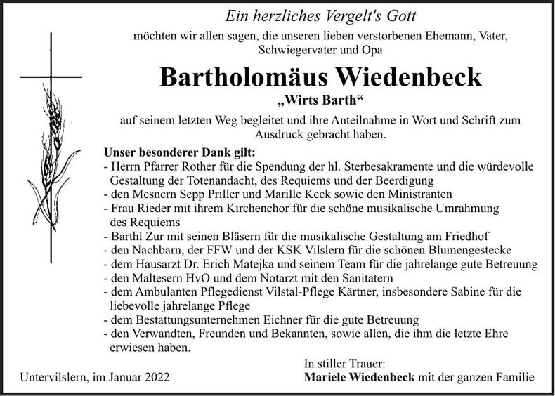 Traueranzeige Bartholomäus Wiedenbeck