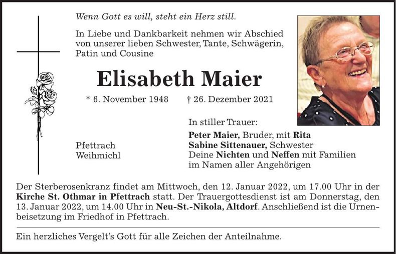 Traueranzeige Elisabeth Maier