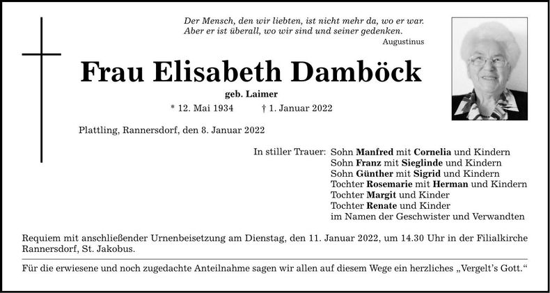 Traueranzeige Elisabeth Damböck