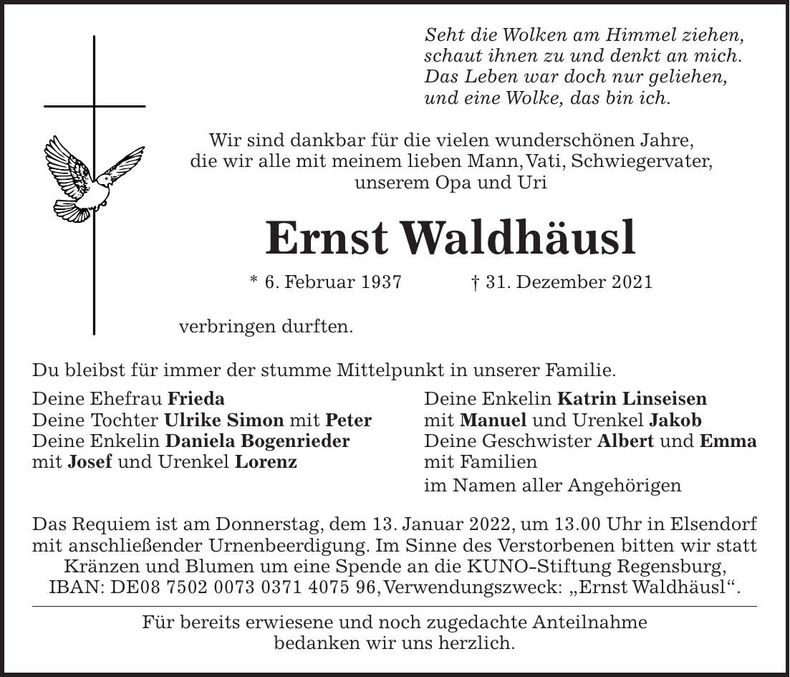 Traueranzeige Ernst Waldhäusl