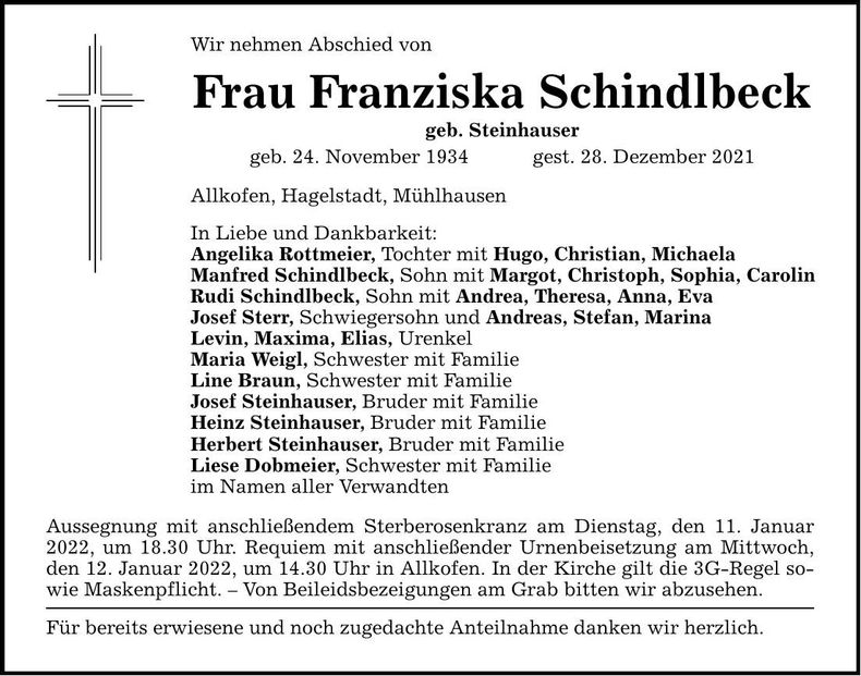 Traueranzeige Franziska Schindlbeck