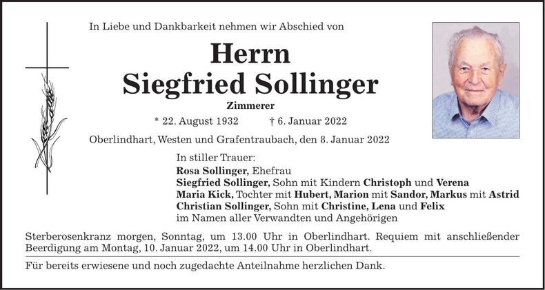 Traueranzeige Siegfried Sollinger