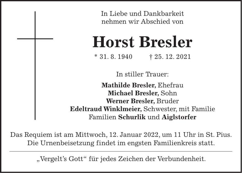 Traueranzeige Horst Bresler